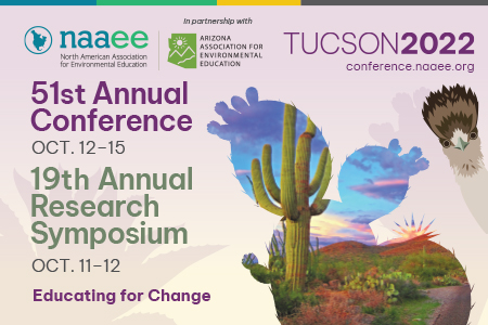NAAEE, Arizona Association for Environmental Education logos, Tucson 2022, conference.naaee.org, 51st Annual Conference Oct 12-15, 19th Annual Research Symposium Oct 11-12, Educating for Change, purple background, image of cartoon roadrunner head, image of dessert in outline of cacti