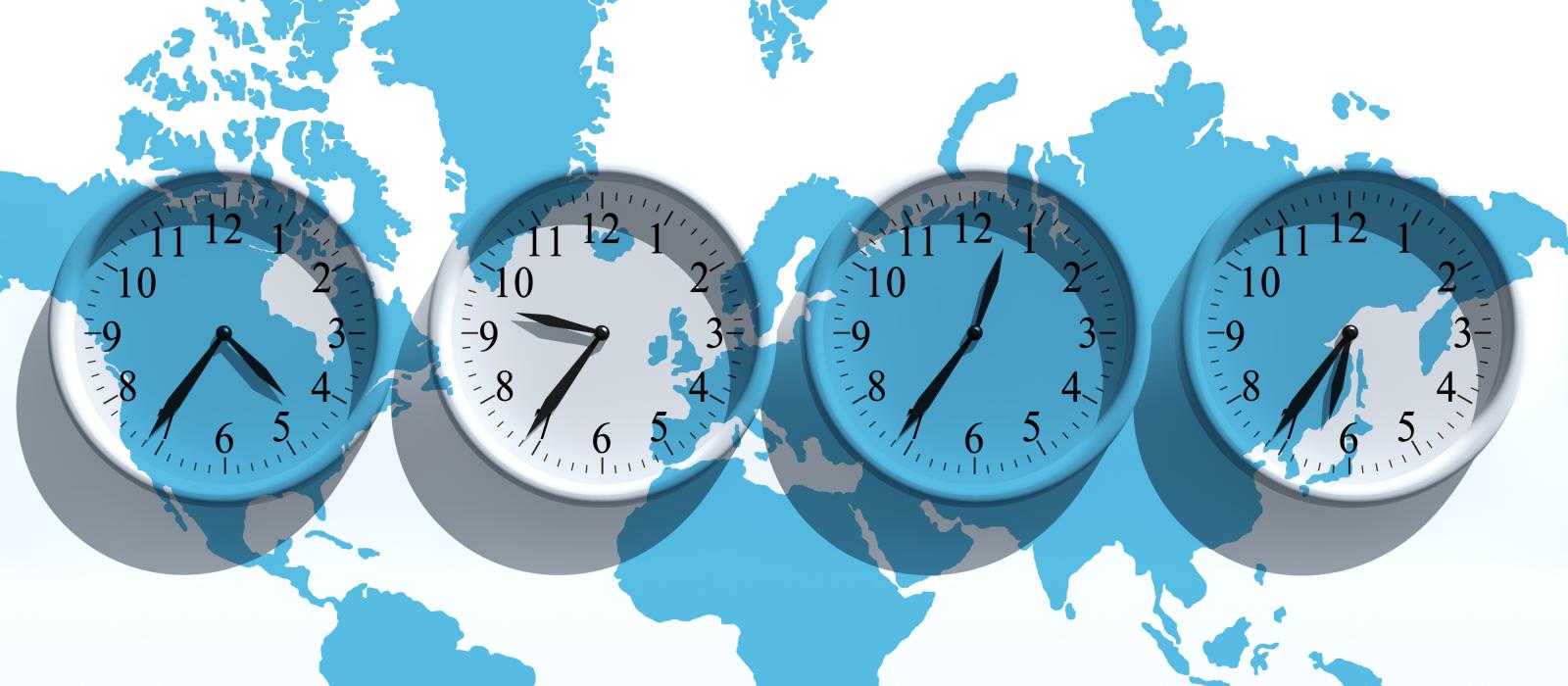 Clocks over blue map