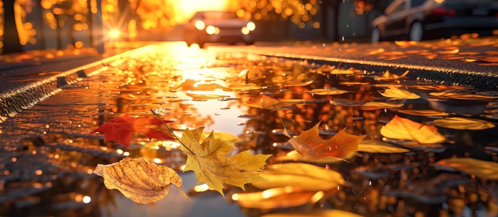view of autumn leaves in puddle on street