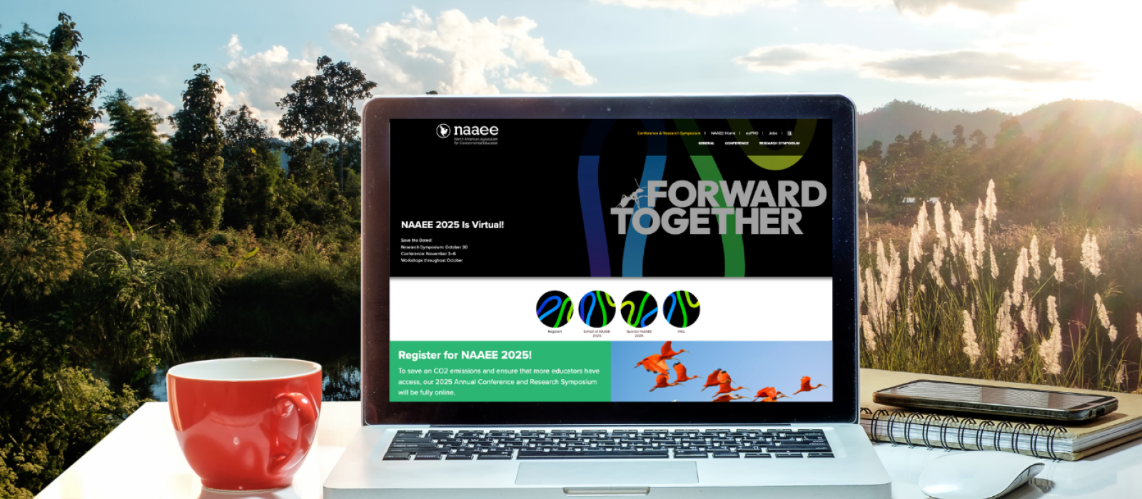 Homepage of NAAEE 2025 website on laptop, view of meadow